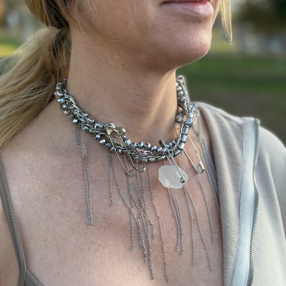Silver Punk Chain Choker with Crystal & Safety Pins – Handmade - Picture 2 of 3